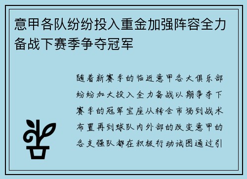 意甲各队纷纷投入重金加强阵容全力备战下赛季争夺冠军