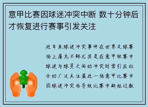 意甲比赛因球迷冲突中断 数十分钟后才恢复进行赛事引发关注
