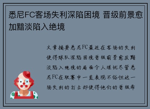 悉尼FC客场失利深陷困境 晋级前景愈加黯淡陷入绝境