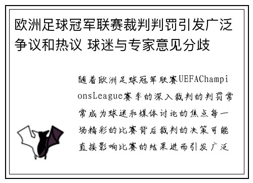 欧洲足球冠军联赛裁判判罚引发广泛争议和热议 球迷与专家意见分歧