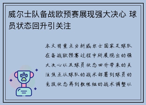 威尔士队备战欧预赛展现强大决心 球员状态回升引关注