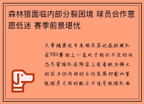 森林狼面临内部分裂困境 球员合作意愿低迷 赛季前景堪忧