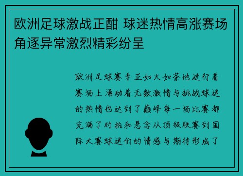 欧洲足球激战正酣 球迷热情高涨赛场角逐异常激烈精彩纷呈