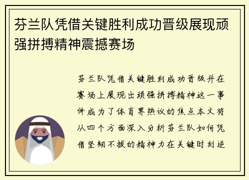 芬兰队凭借关键胜利成功晋级展现顽强拼搏精神震撼赛场
