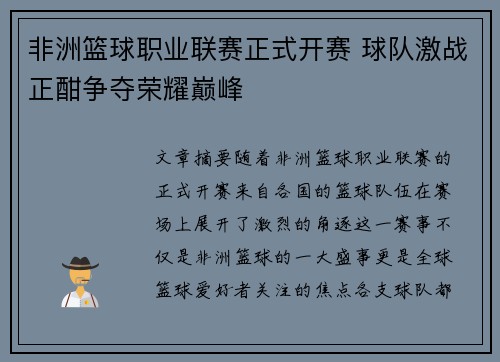 非洲篮球职业联赛正式开赛 球队激战正酣争夺荣耀巅峰