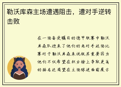 勒沃库森主场遭遇阻击，遭对手逆转击败