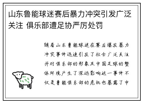 山东鲁能球迷赛后暴力冲突引发广泛关注 俱乐部遭足协严厉处罚