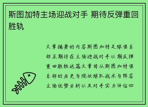斯图加特主场迎战对手 期待反弹重回胜轨
