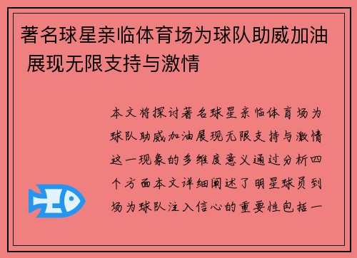 著名球星亲临体育场为球队助威加油 展现无限支持与激情