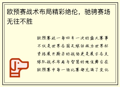 欧预赛战术布局精彩绝伦，驰骋赛场无往不胜