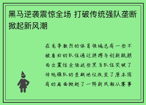 黑马逆袭震惊全场 打破传统强队垄断掀起新风潮